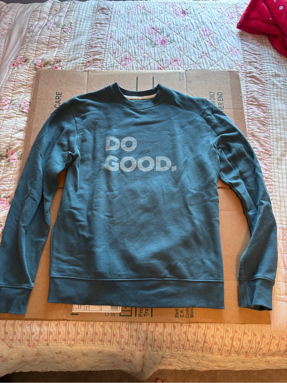 cotopaxi Teal Blue Crewneck with "DO GOOD." Graphic